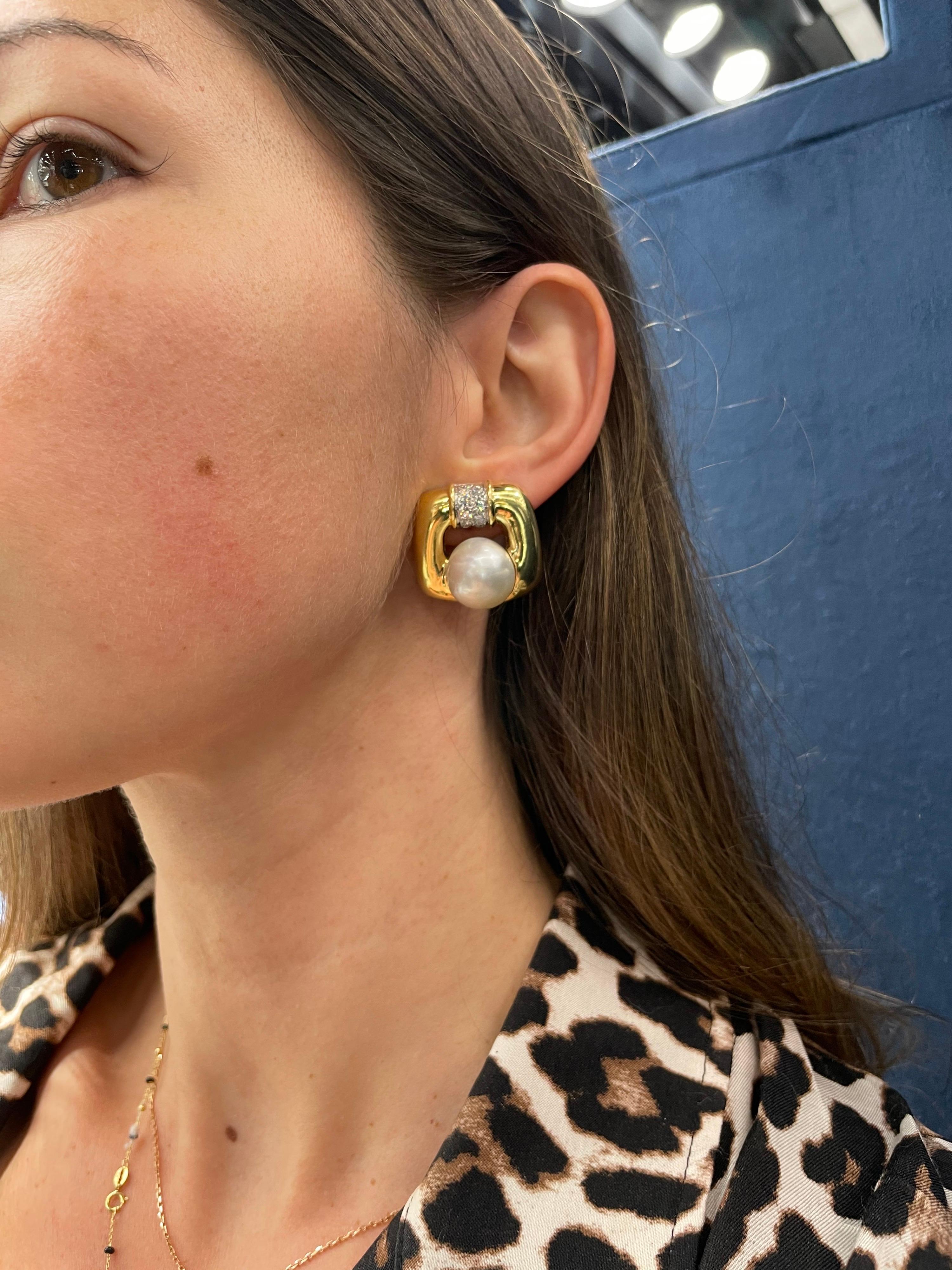 Cushion Cut David Webb Platinum & 18K Gold Soft Cushion Shaped Pearl and Diamond Earrings For Sale