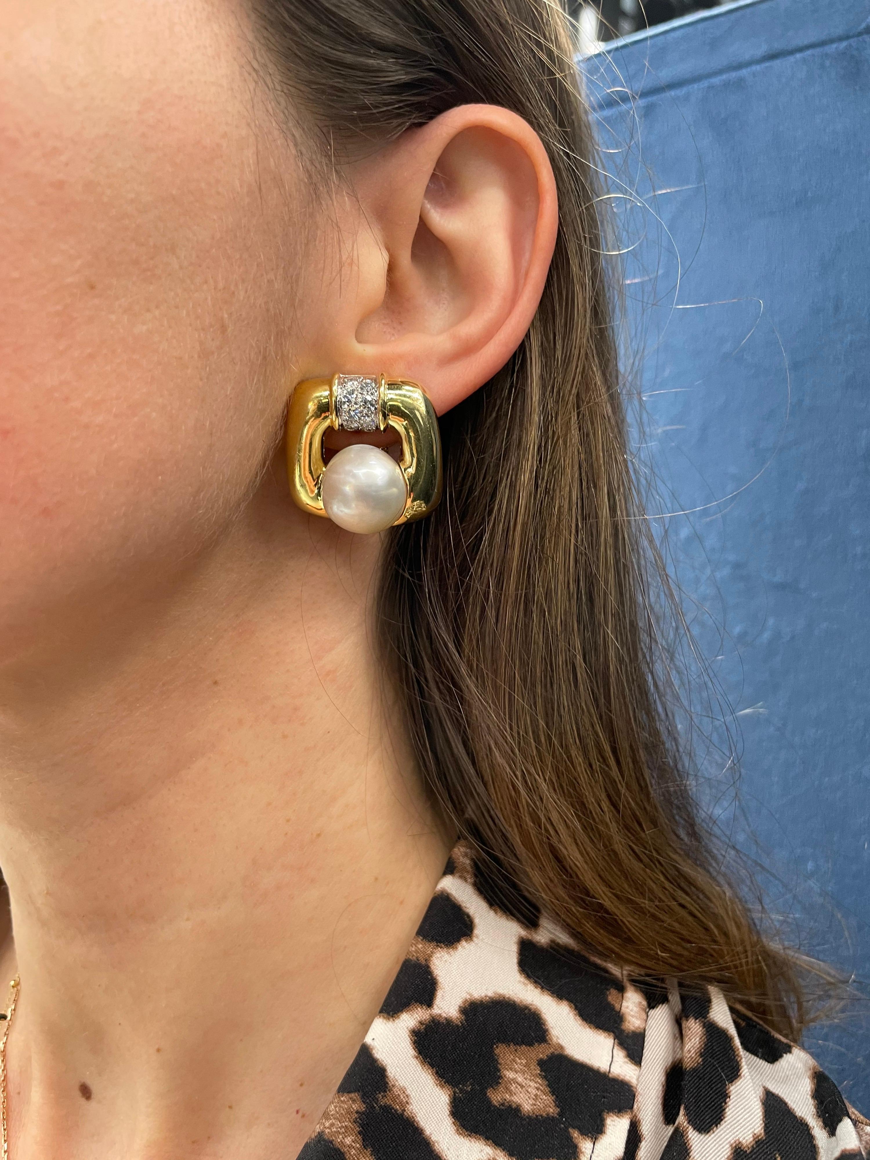 David Webb Platinum & 18K Gold Soft Cushion Shaped Pearl and Diamond Earrings In Excellent Condition For Sale In New York, NY