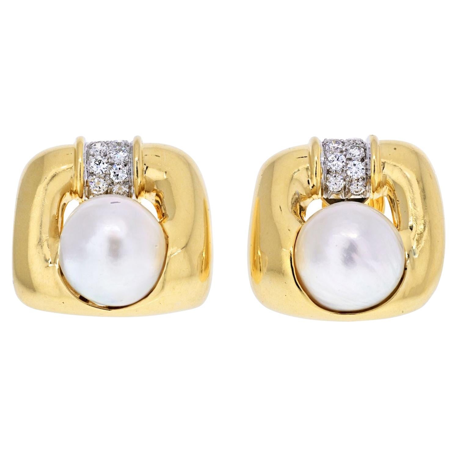 David Webb Platinum & 18K Gold Soft Cushion Shaped Pearl and Diamond Earrings For Sale