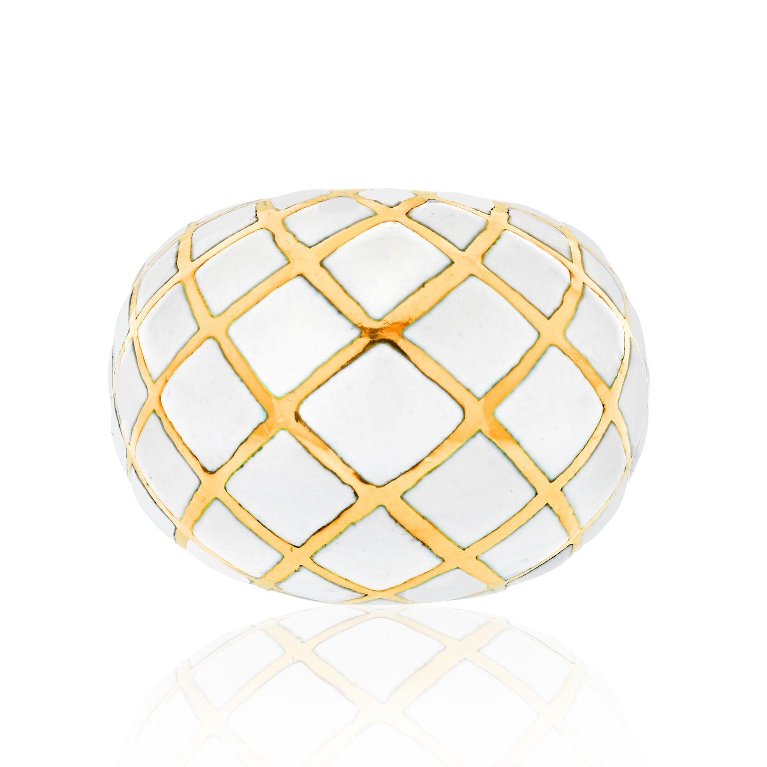 Women's David Webb Platinum & 18k Gold White Enamel Checkerboard Pattern Bombe Ring For Sale