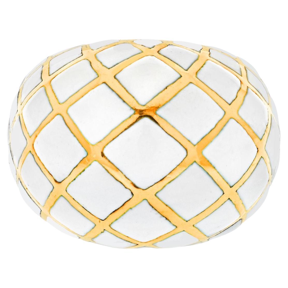 David Webb Platinum & 18k Gold White Enamel Checkerboard Pattern Bombe Ring