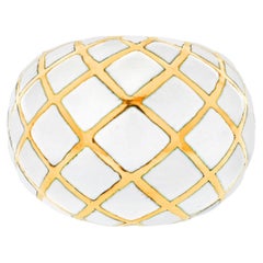 Vintage David Webb Platinum & 18k Gold White Enamel Checkerboard Pattern Bombe Ring