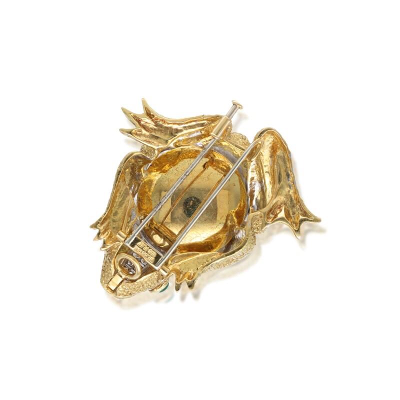 Round Cut DAVID WEBB Platinum, 18k, Rock Crystal, Emerald & Diamond Frog Pendant Brooch