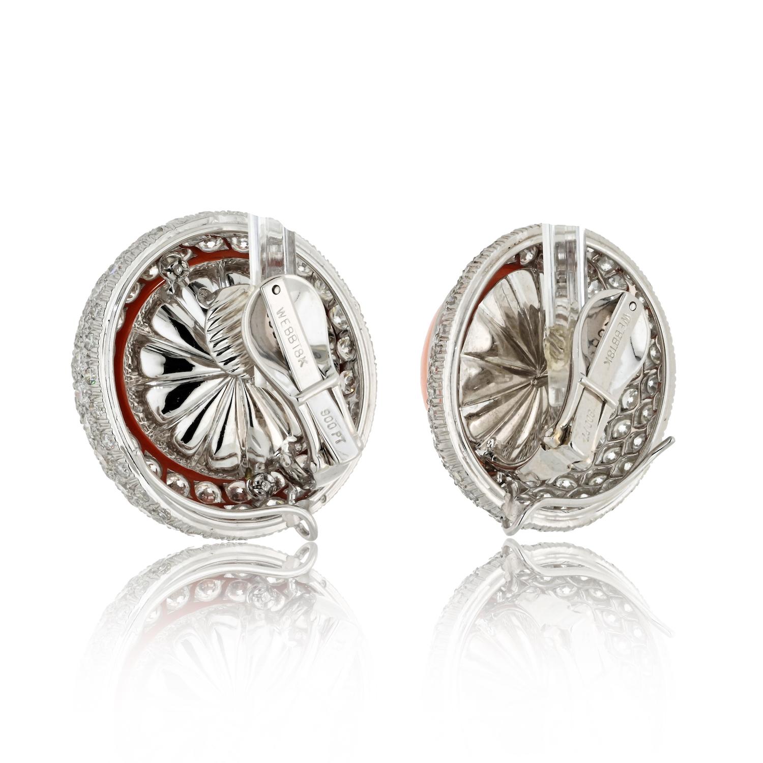 Round Cut David Webb Platinum 18K White Gold Coral And Diamond Clip Button Earrings For Sale