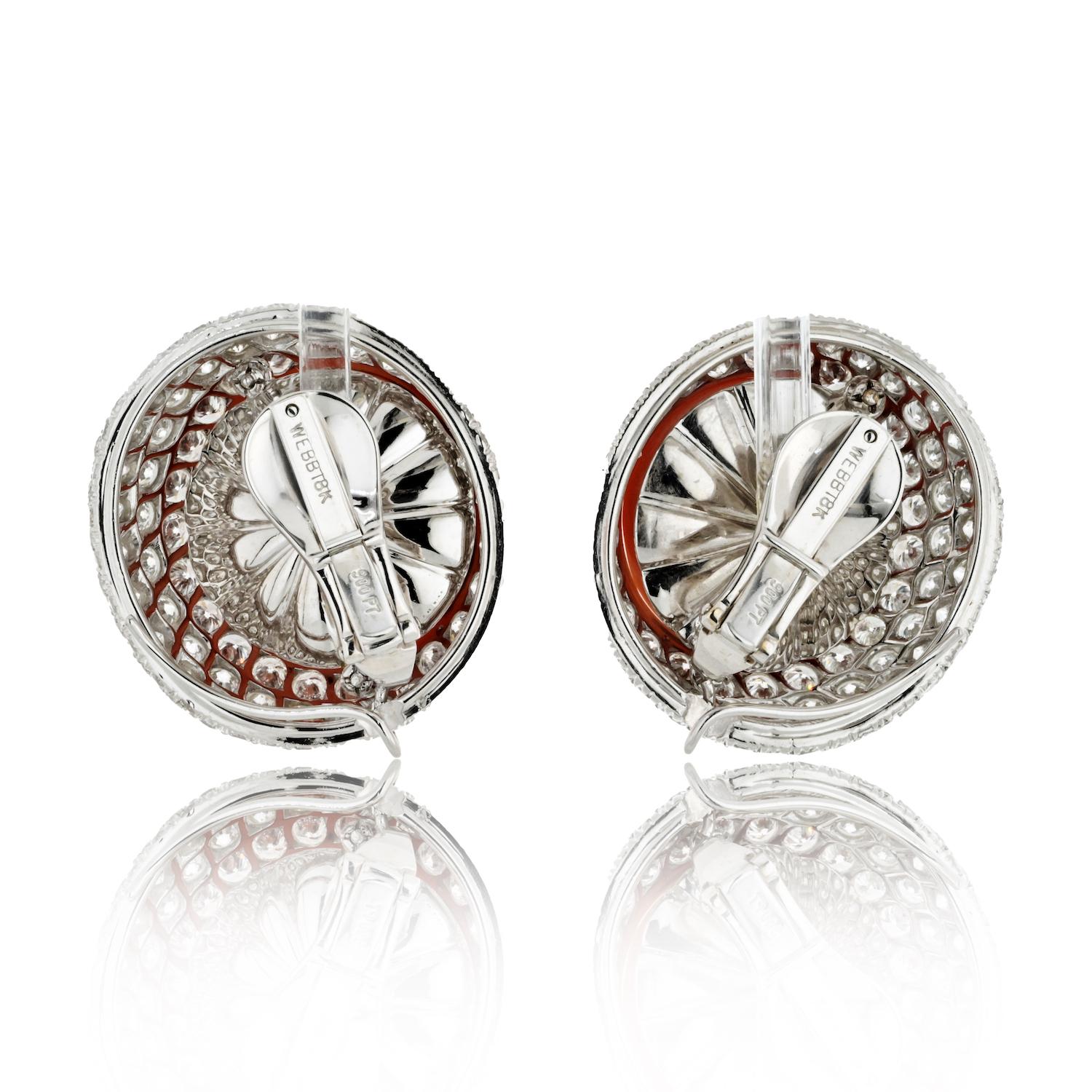 David Webb Platinum 18K White Gold Coral And Diamond Clip Button Earrings In Excellent Condition For Sale In New York, NY