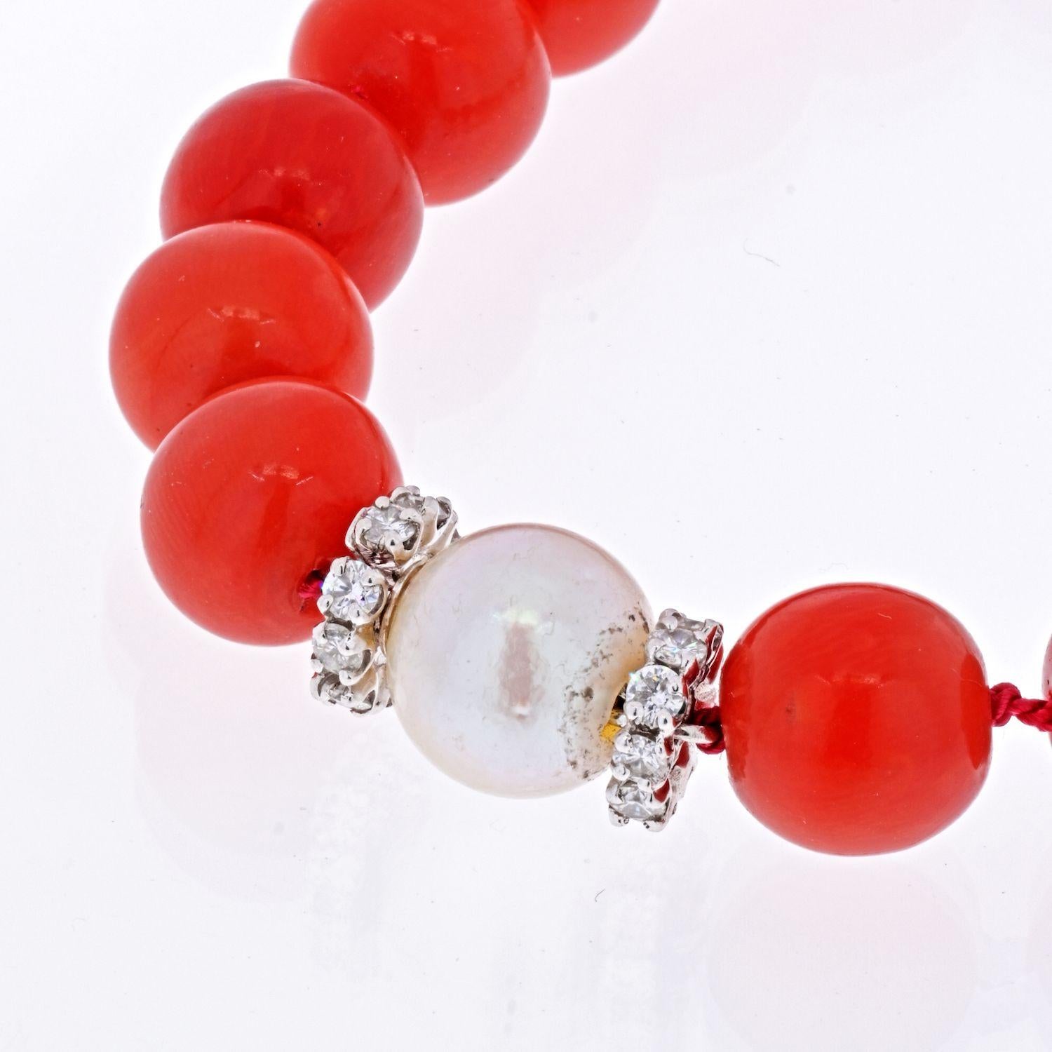 Modern David Webb Platinum & 18k White Gold Coral, Diamond and Pearl Bead Necklace For Sale