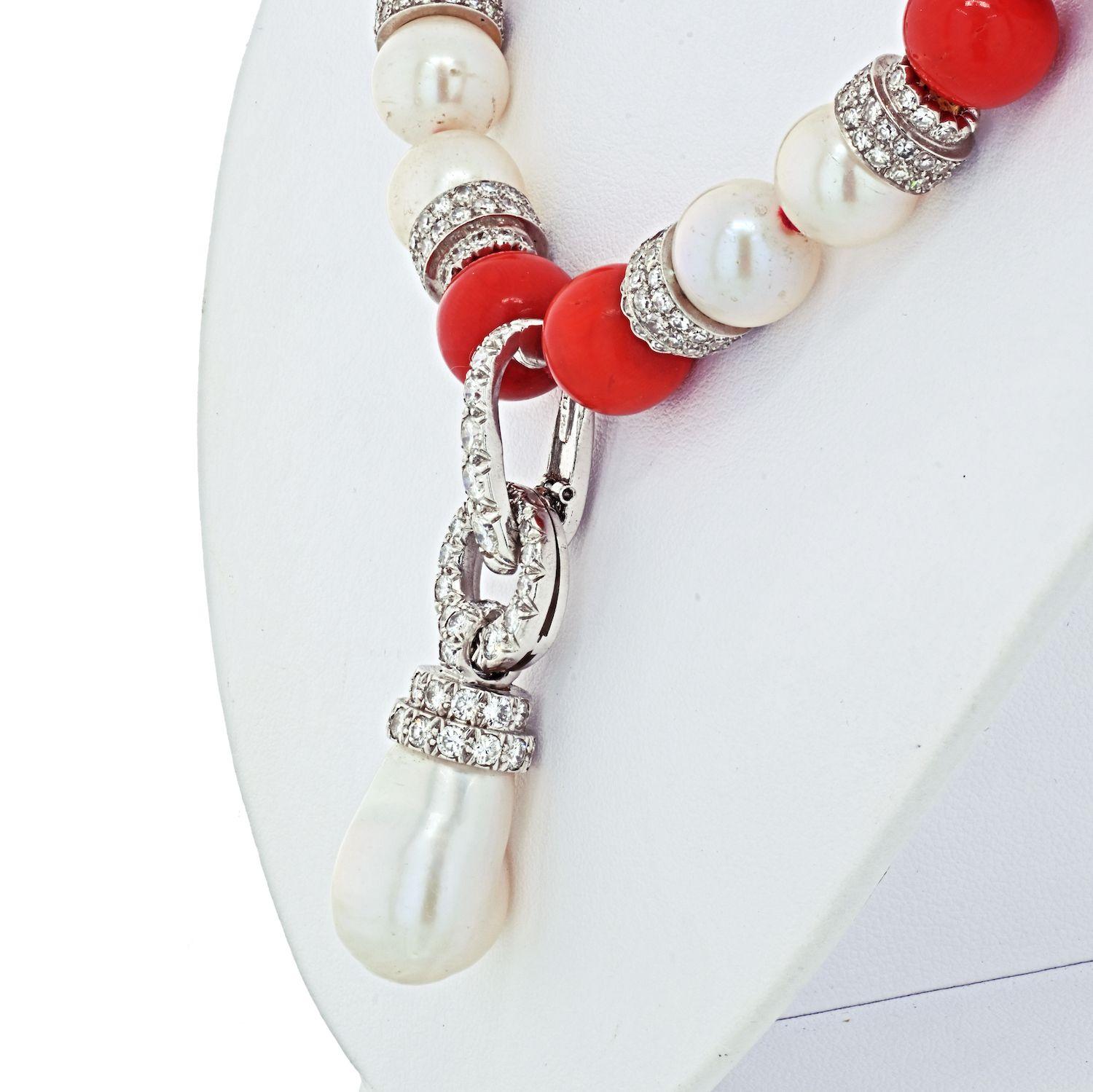 Round Cut David Webb Platinum & 18k White Gold Coral, Diamond and Pearl Bead Necklace For Sale