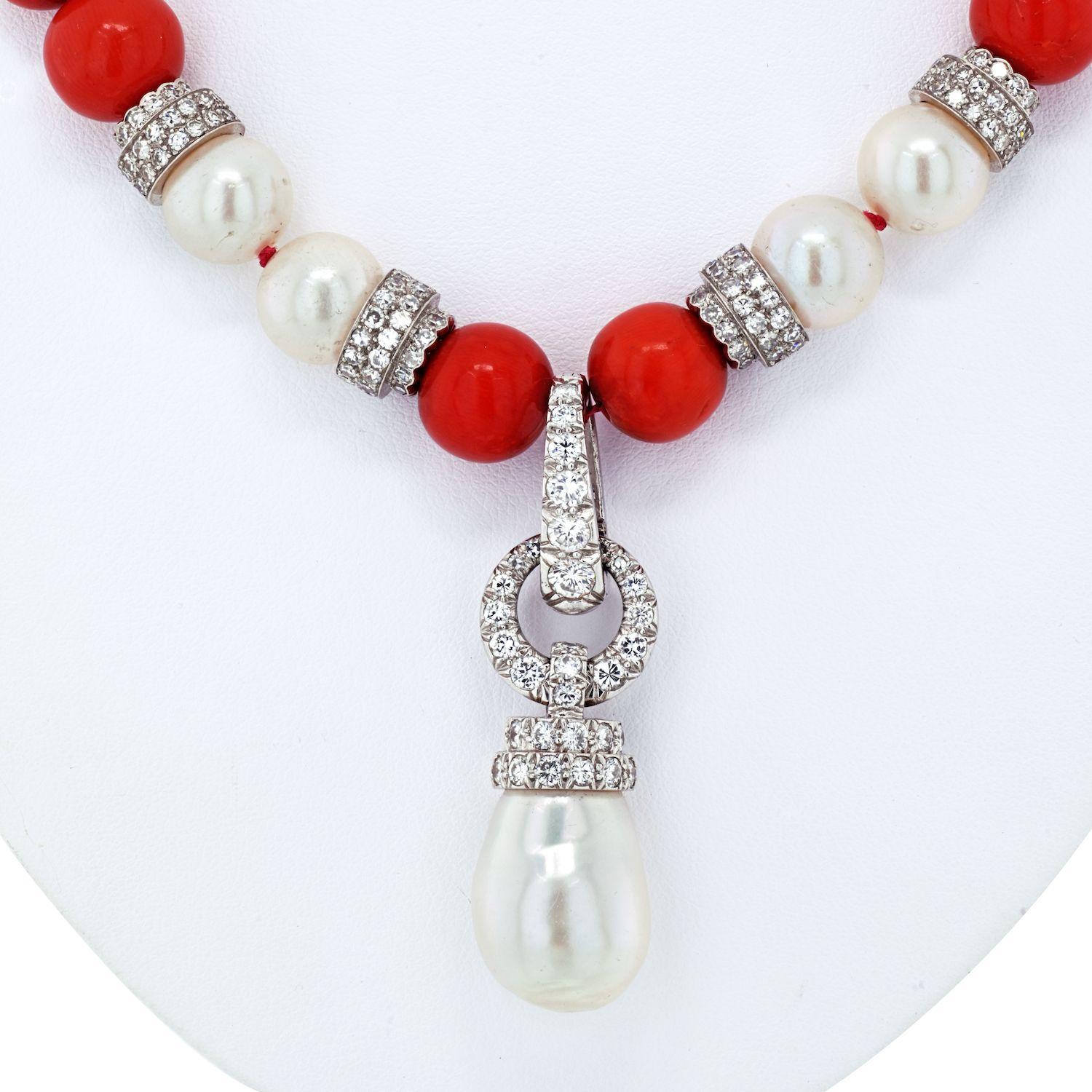 David Webb Platinum & 18k White Gold Coral, Diamond and Pearl Bead Necklace In Excellent Condition For Sale In New York, NY