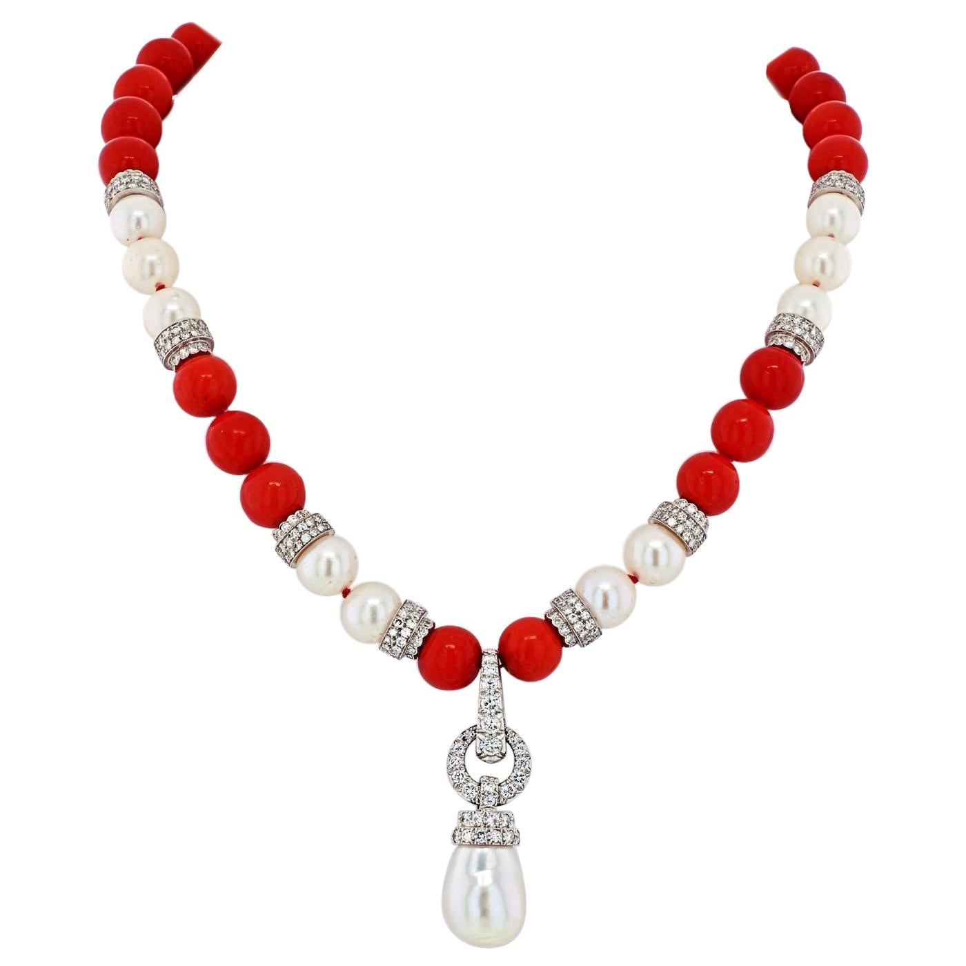 David Webb Platinum & 18k White Gold Coral, Diamond and Pearl Bead Necklace For Sale