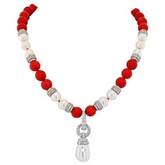 David Webb Platinum & 18k White Gold Coral, Diamond and Pearl Bead Necklace