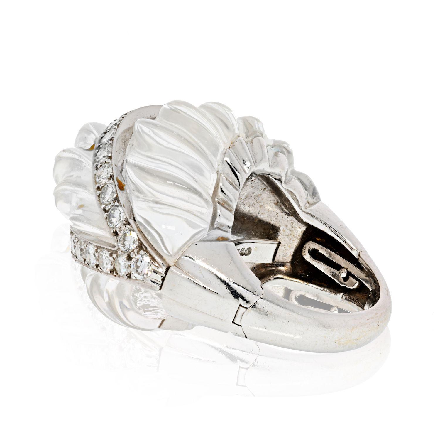 Modern David Webb Platinum & 18K White Gold Rock Crystal Diamond Arch Ring For Sale