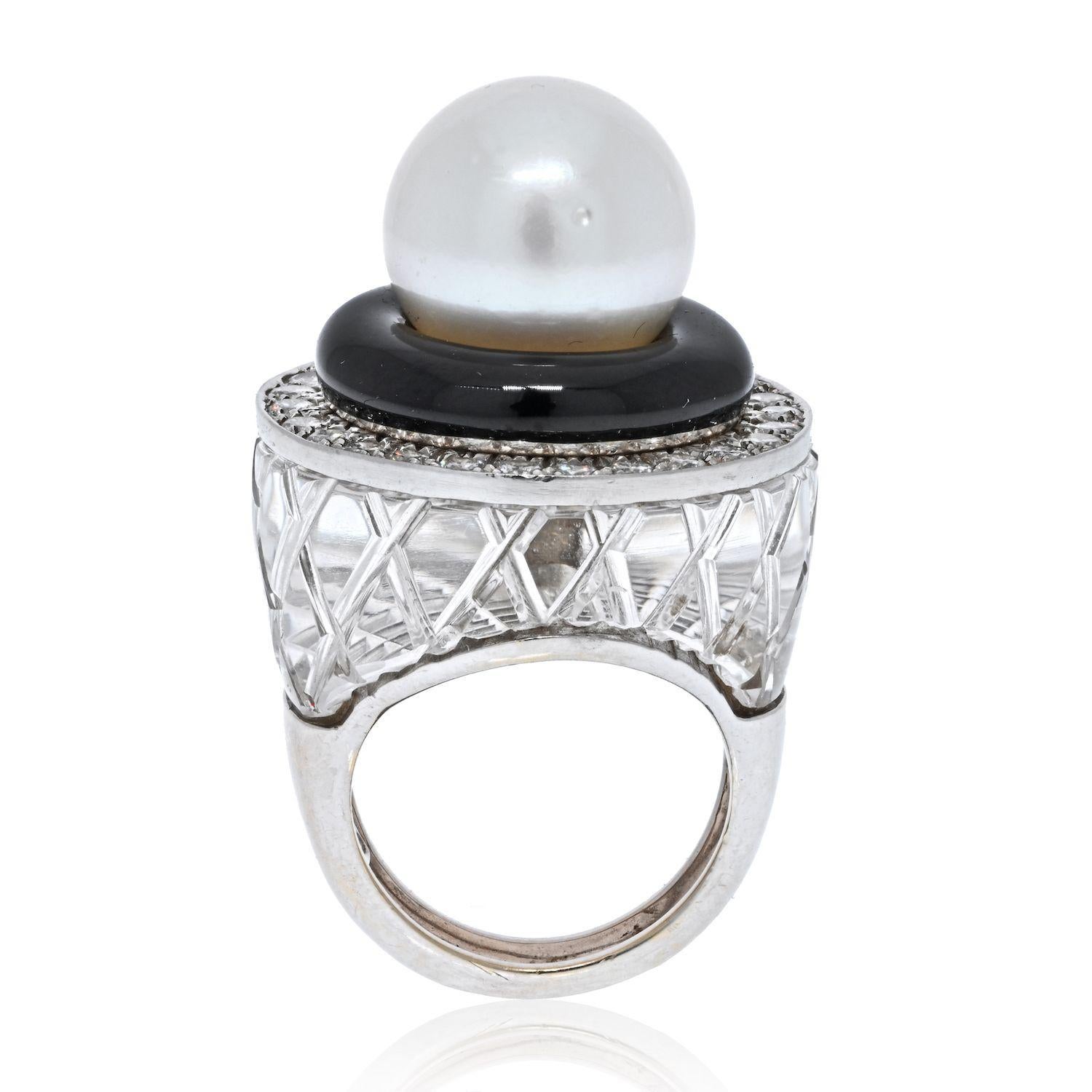 David Webb Platine et or blanc 18K Cristal de roche, diamants, émail noir, perle Excellent état - En vente à New York, NY
