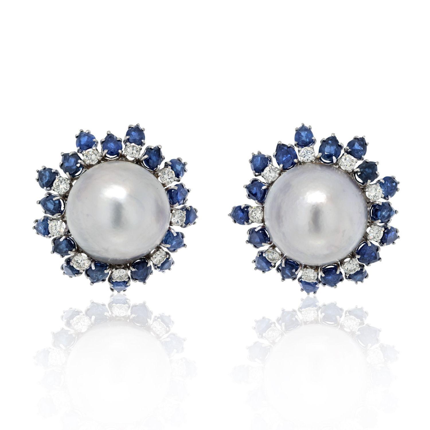 Moderne David Webb Boucles d'oreilles en platine et or blanc 18 carats avec saphirs, diamants et perles en vente