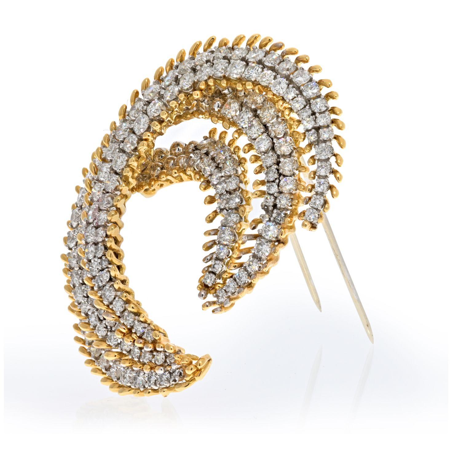 Round Cut David Webb Platinum & 18K Yellow Gold 12 Carat Diamond Crescent Brooch For Sale