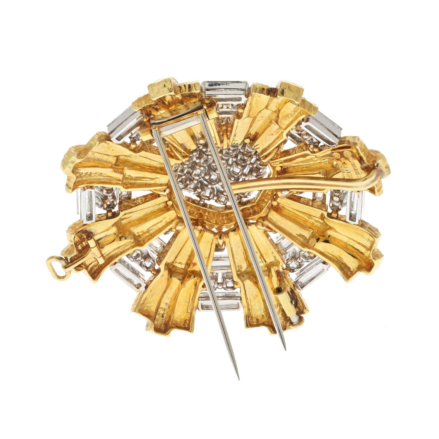 This Heraldic design brooch by David Webb is a remarkable piece in exceptional condition, especially considering its age. Crafted with meticulous attention to detail, the brooch features a stunning combination of baguette and round-cut diamonds,