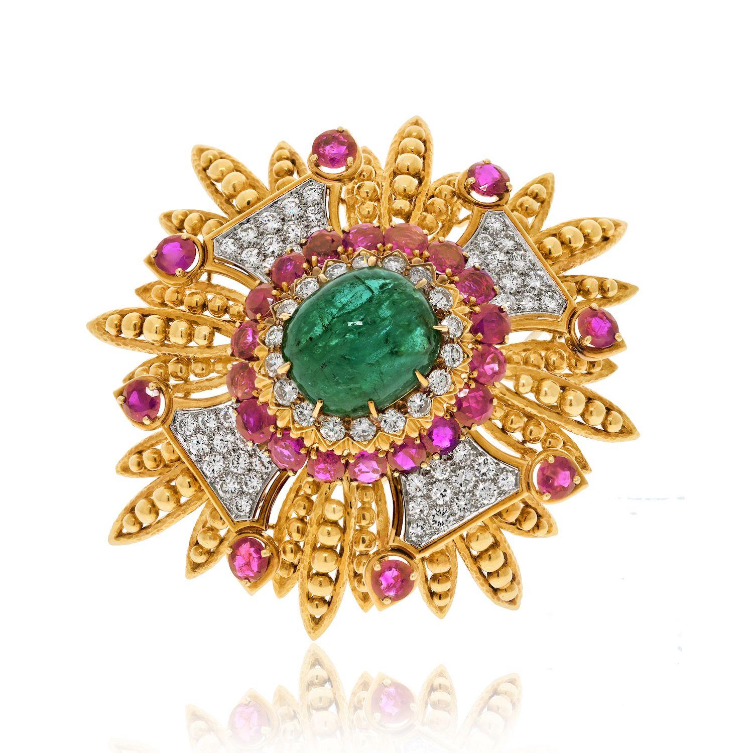 Modern David Webb Platinum & 18K Yellow Gold 1960's Green Emerald, Rubies, And Diamonds For Sale