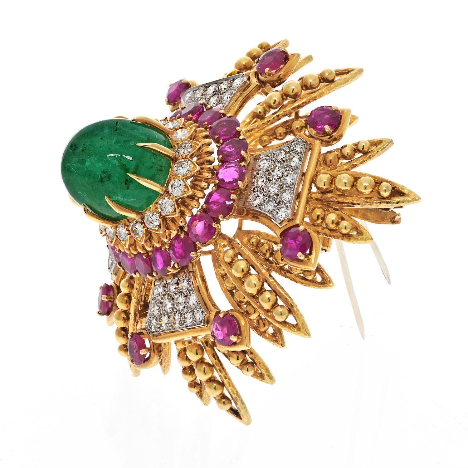 Cabochon David Webb Platinum & 18K Yellow Gold 1960's Green Emerald, Rubies, And Diamonds For Sale