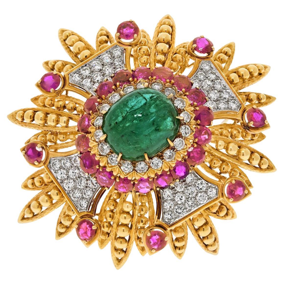 David Webb Platinum & 18K Yellow Gold 1960's Green Emerald, Rubies, And Diamonds For Sale