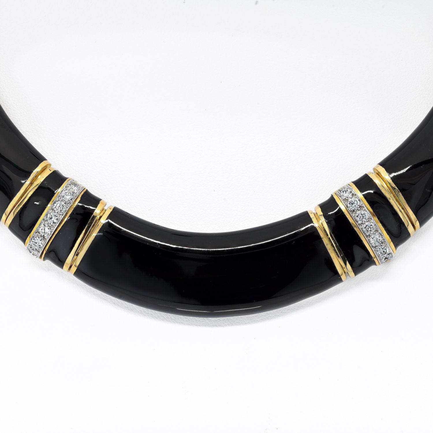 David Webb Platinum & 18K Yellow Gold 1970's Black Enamel Diamond Collar Necklac In Excellent Condition For Sale In New York, NY