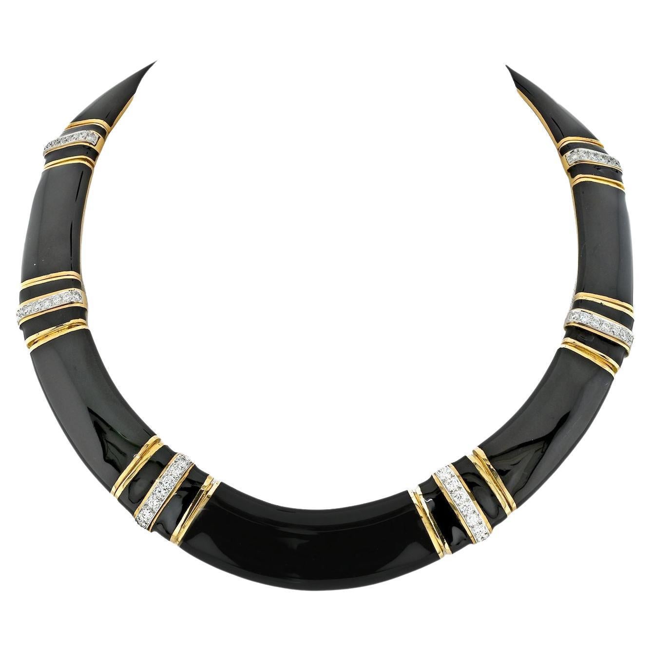 David Webb Platinum & 18K Yellow Gold 1970's Black Enamel Diamond Collar Necklac en vente