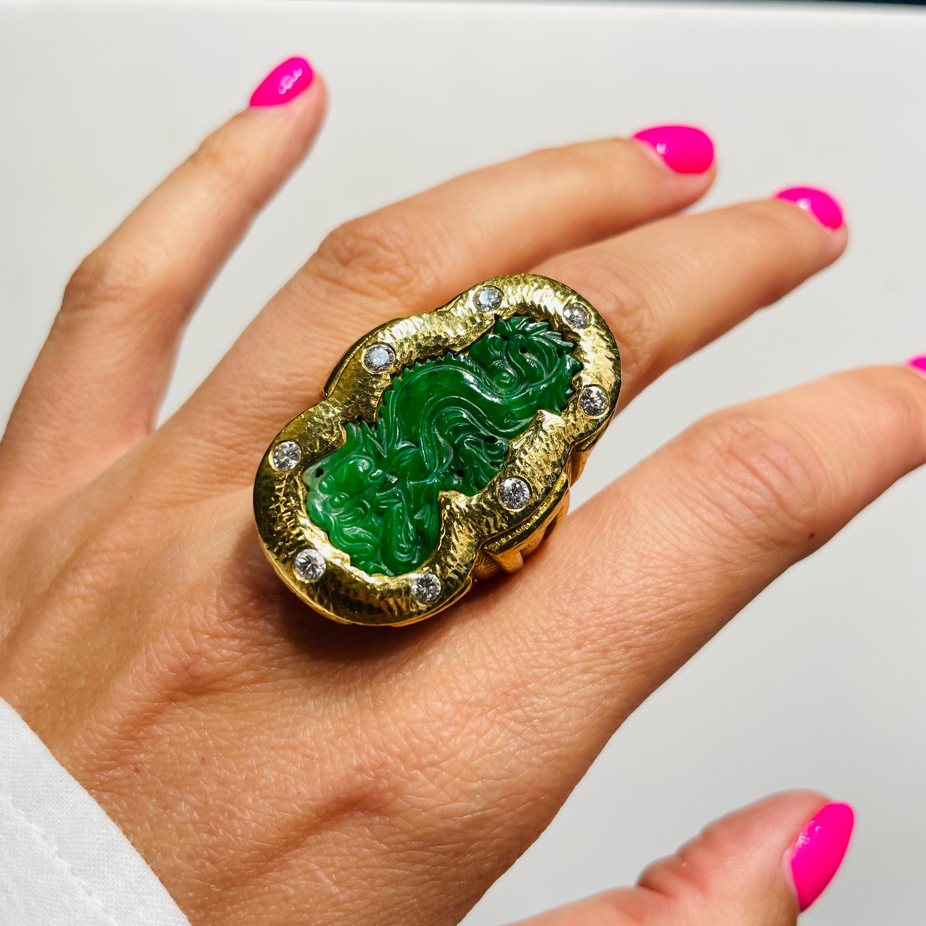 David Webb Platinum & 18K Yellow Gold 1970's Carved Jade Dragon Style Ring For Sale 3