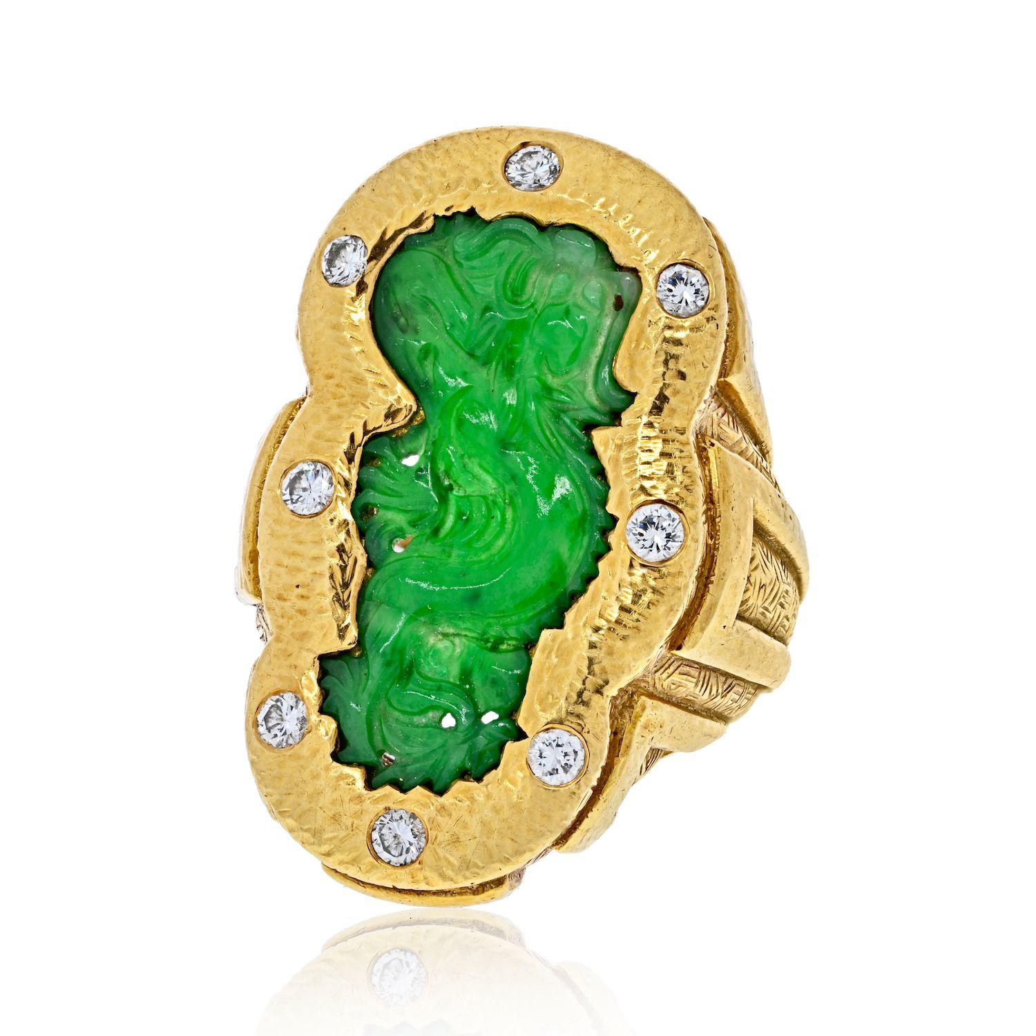 Round Cut David Webb Platinum & 18K Yellow Gold 1970's Carved Jade Dragon Style Ring For Sale