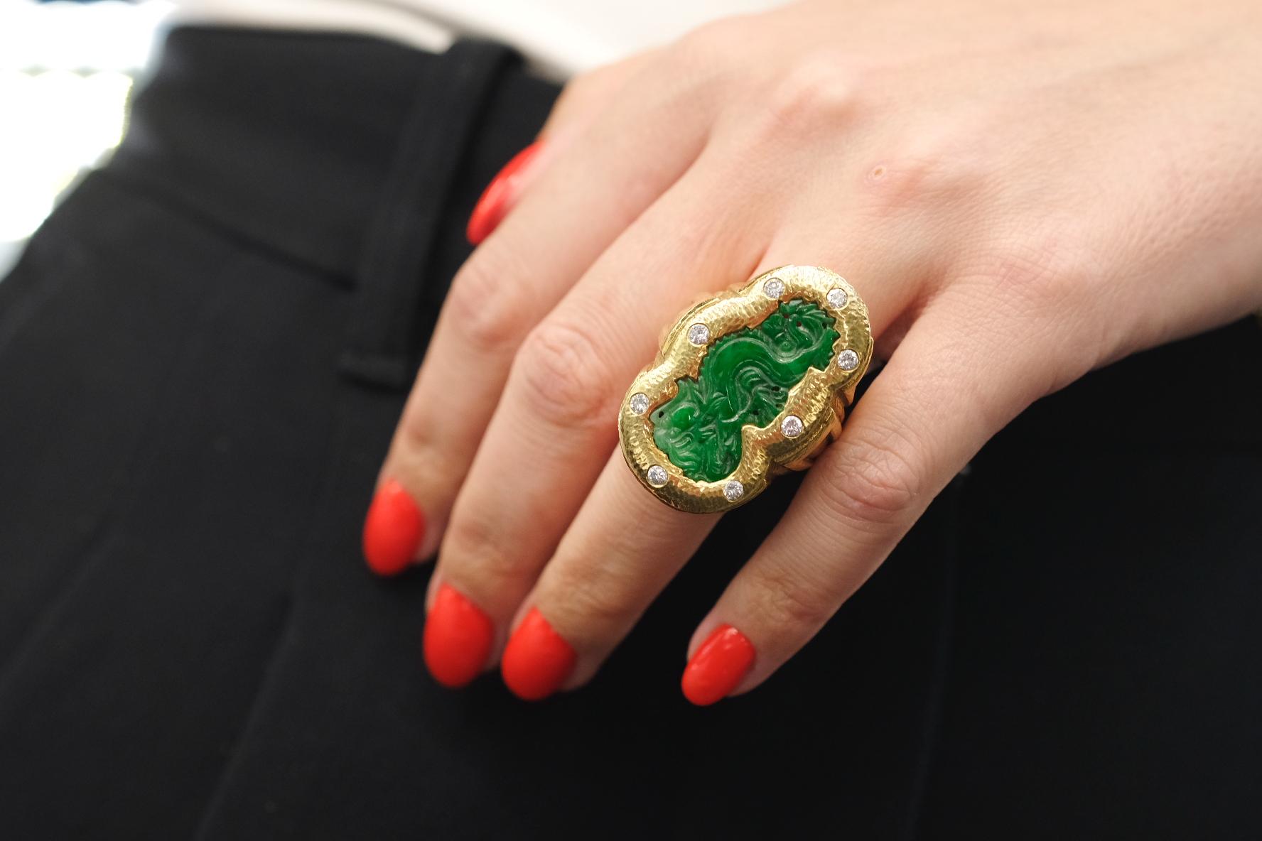 David Webb 18K Yellow Gold 1970's Carved Jade Dragon Style Ring For Sale 1