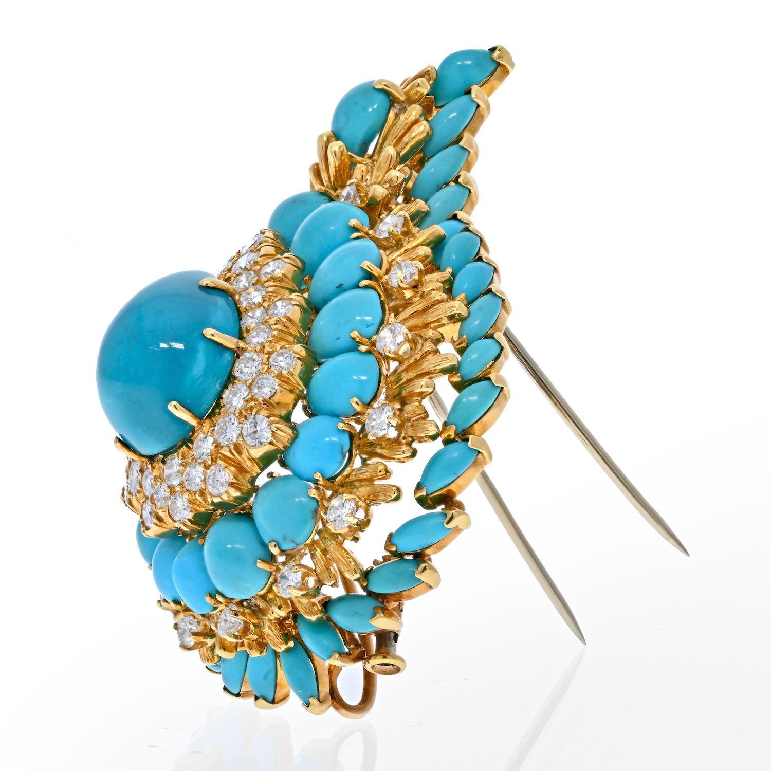 This is a stunning turquoise brooch with diamonds and turquoises. Absolutely stunning colors, and quality, only by David Webb. Smooth turquoises all throughout, color consistent on all, natural and beautiful. 
Wear it on a scarf, lapel, sweater or