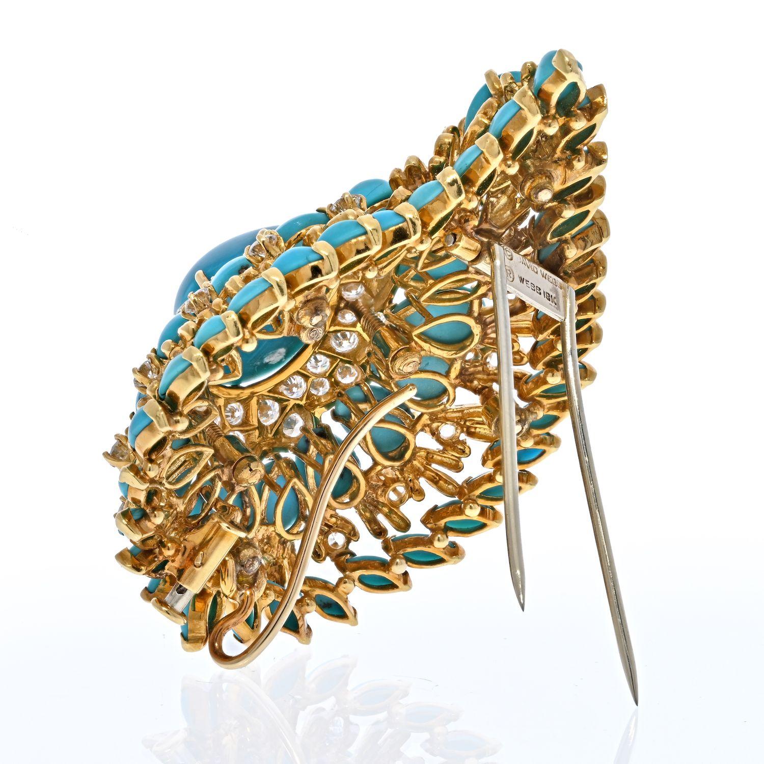 Moderne David Webb Broche feuillage en platine et or jaune 18 carats avec turquoise et diamants, années 1970 en vente