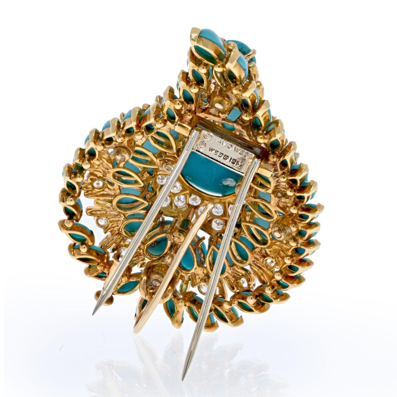 Cabochon David Webb Platinum &18K Yellow Gold 1970's Turquoise And Diamond Foliage Brooch For Sale