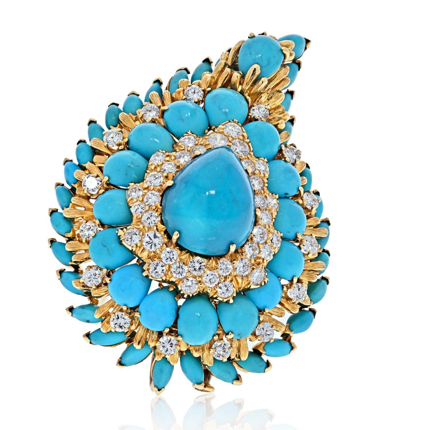 David Webb Platinum &18K Yellow Gold 1970's Turquoise And Diamond Foliage Brooch In Excellent Condition For Sale In New York, NY
