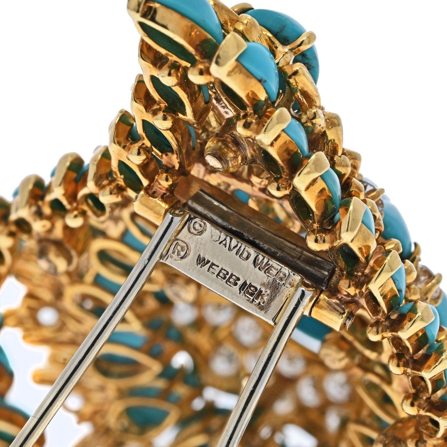 Women's David Webb Platinum &18K Yellow Gold 1970's Turquoise And Diamond Foliage Brooch For Sale