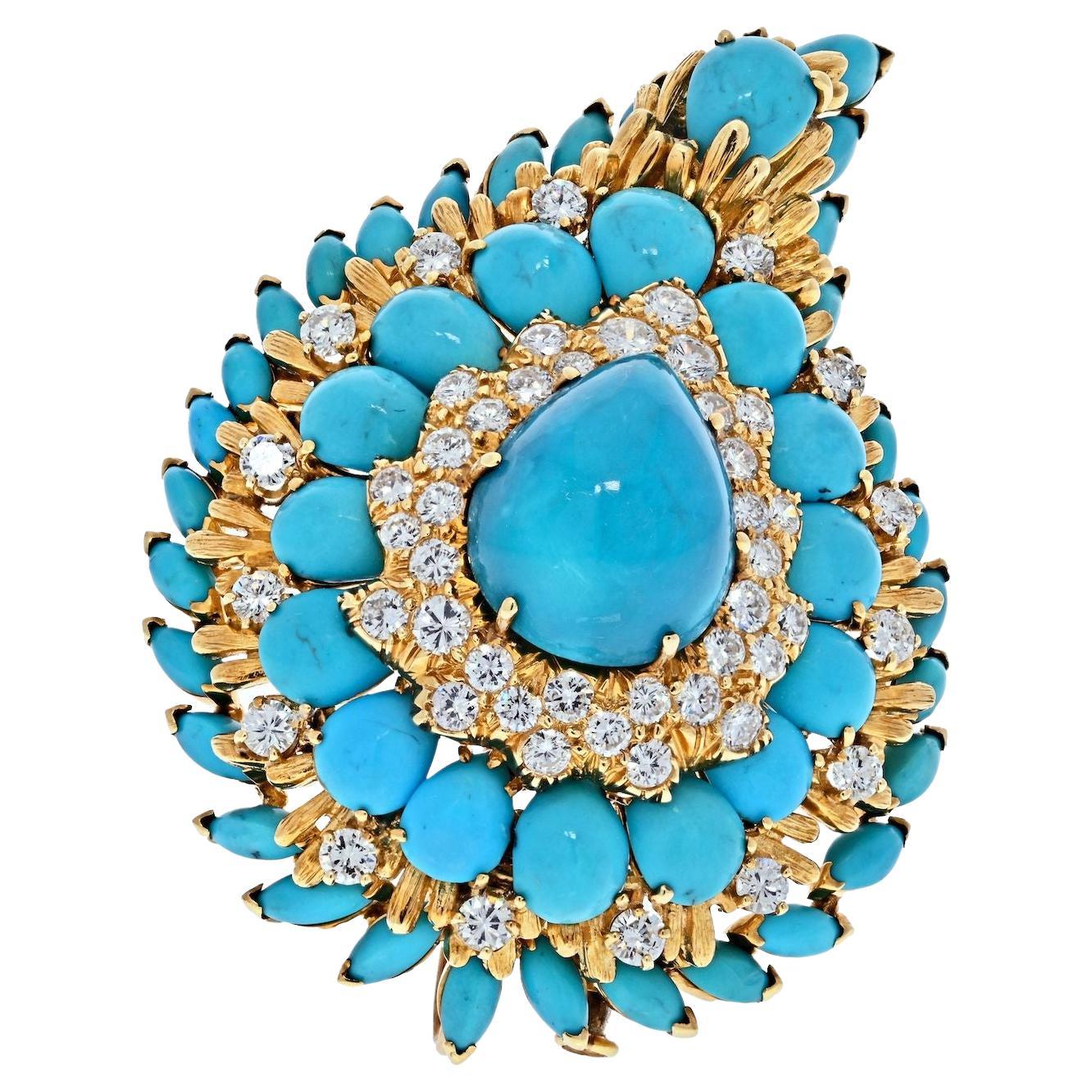 David Webb Platinum &18K Yellow Gold 1970's Turquoise And Diamond Foliage Brooch For Sale