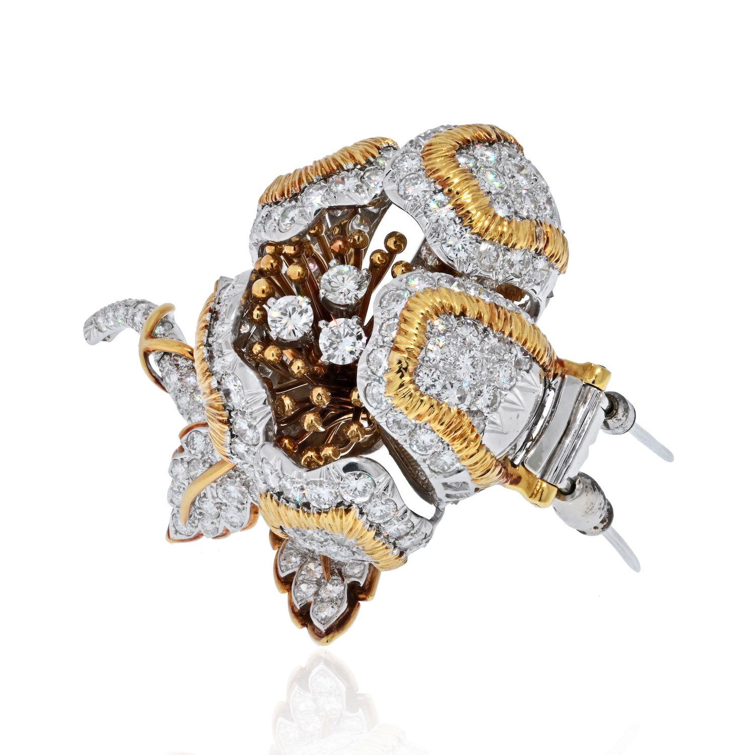David Webb Platinum & 18K Yellow Gold 20.00 Carat Diamond Flower Brooch In Excellent Condition For Sale In New York, NY