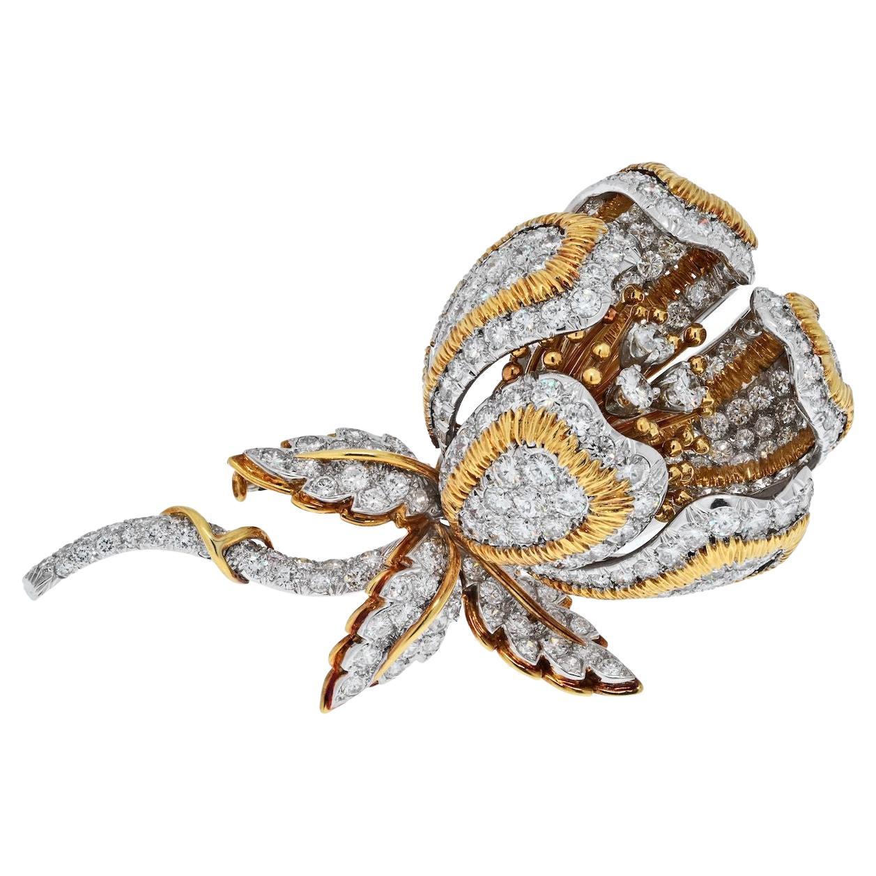 David Webb Broche fleur en platine et or jaune 18 carats avec diamants de 20,00 carats