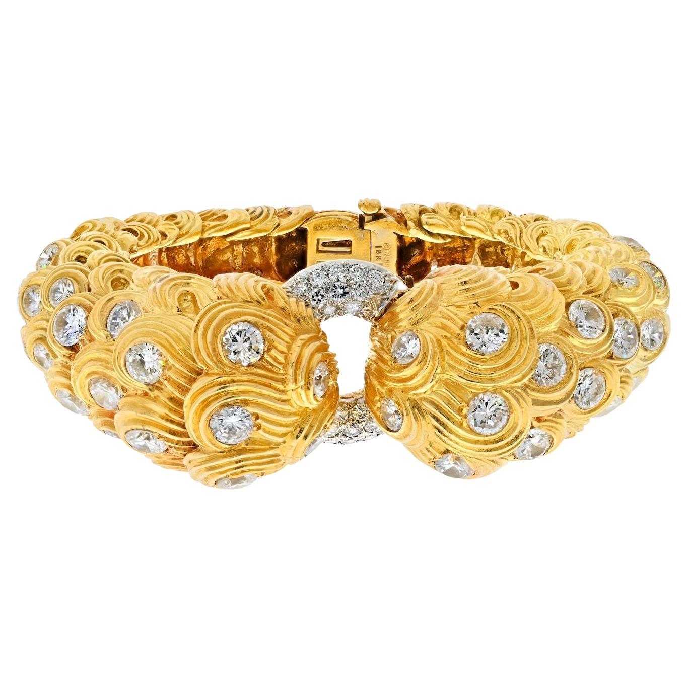 David Webb Platinum & 18K Yellow Gold 21 Carats Scroll Diamond Textured Bracelet For Sale