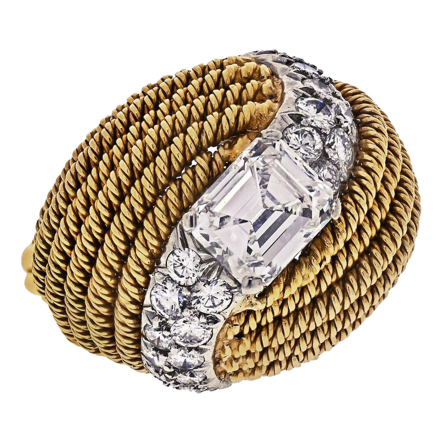 David Webb Platinum & 18K Yellow Gold 2.13 Carat Emerald Cut Turban Diamond Ring For Sale