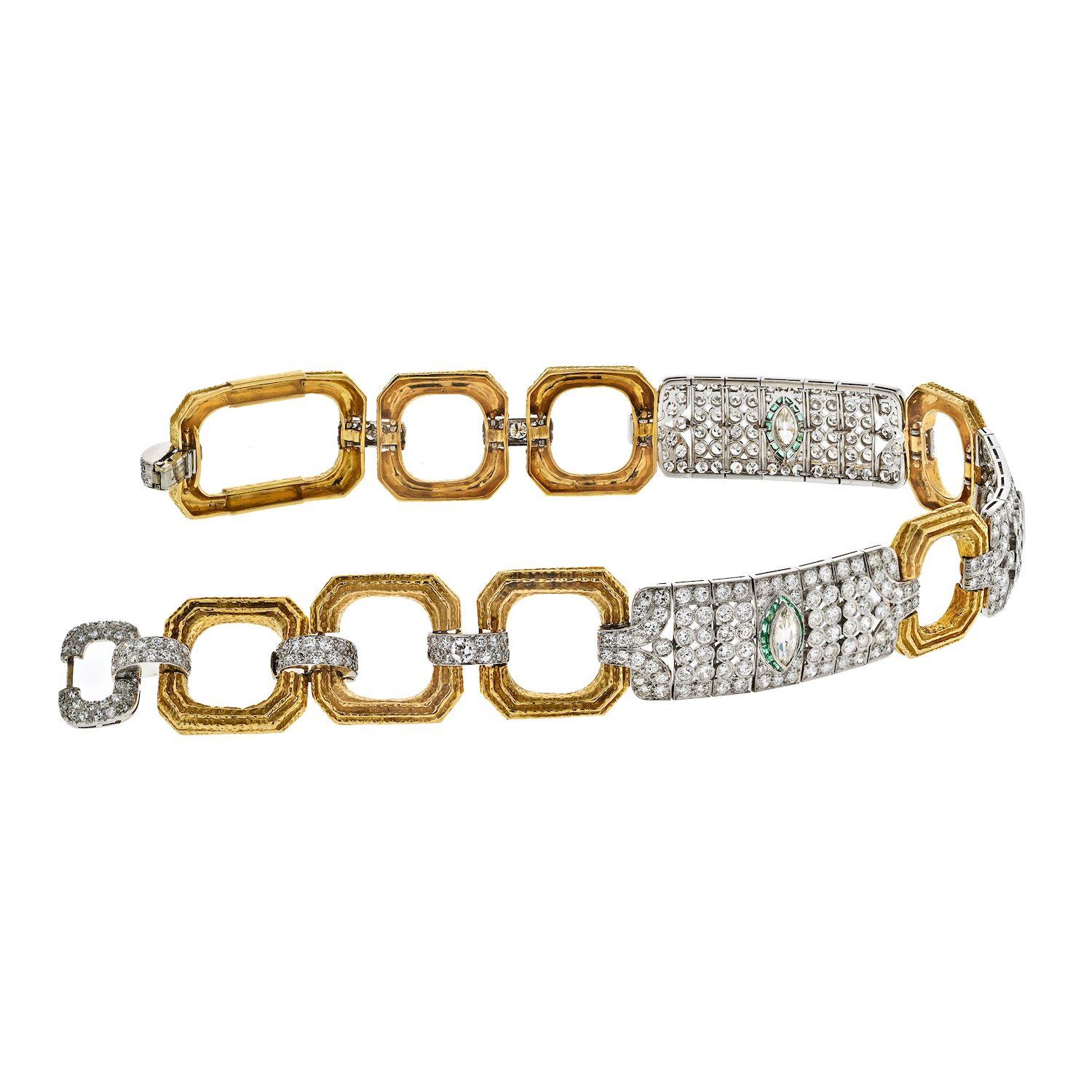 The David Webb collar necklace is a breathtaking piece of jewelry that exemplifies the exquisite craftsmanship and luxurious design for which the brand is renowned. Crafted in a combination of platinum and gold, this necklace is adorned with round
