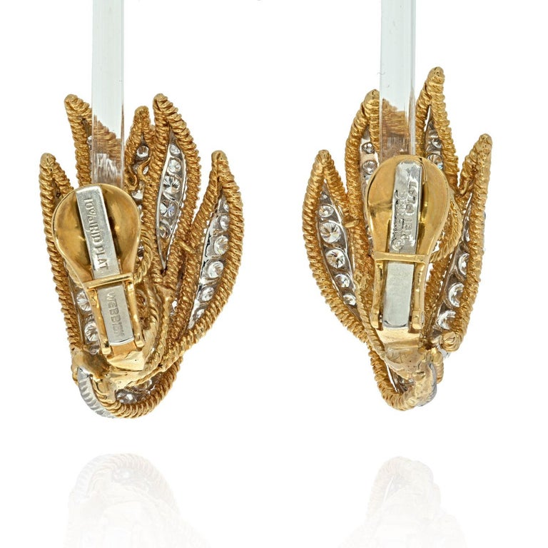 Modern David Webb Platinum & 18K Yellow Gold 3.00 Carats Diamond Leaf Earrings For Sale