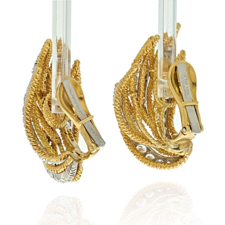 Round Cut David Webb Platinum & 18K Yellow Gold 3.00 Carats Diamond Leaf Earrings For Sale