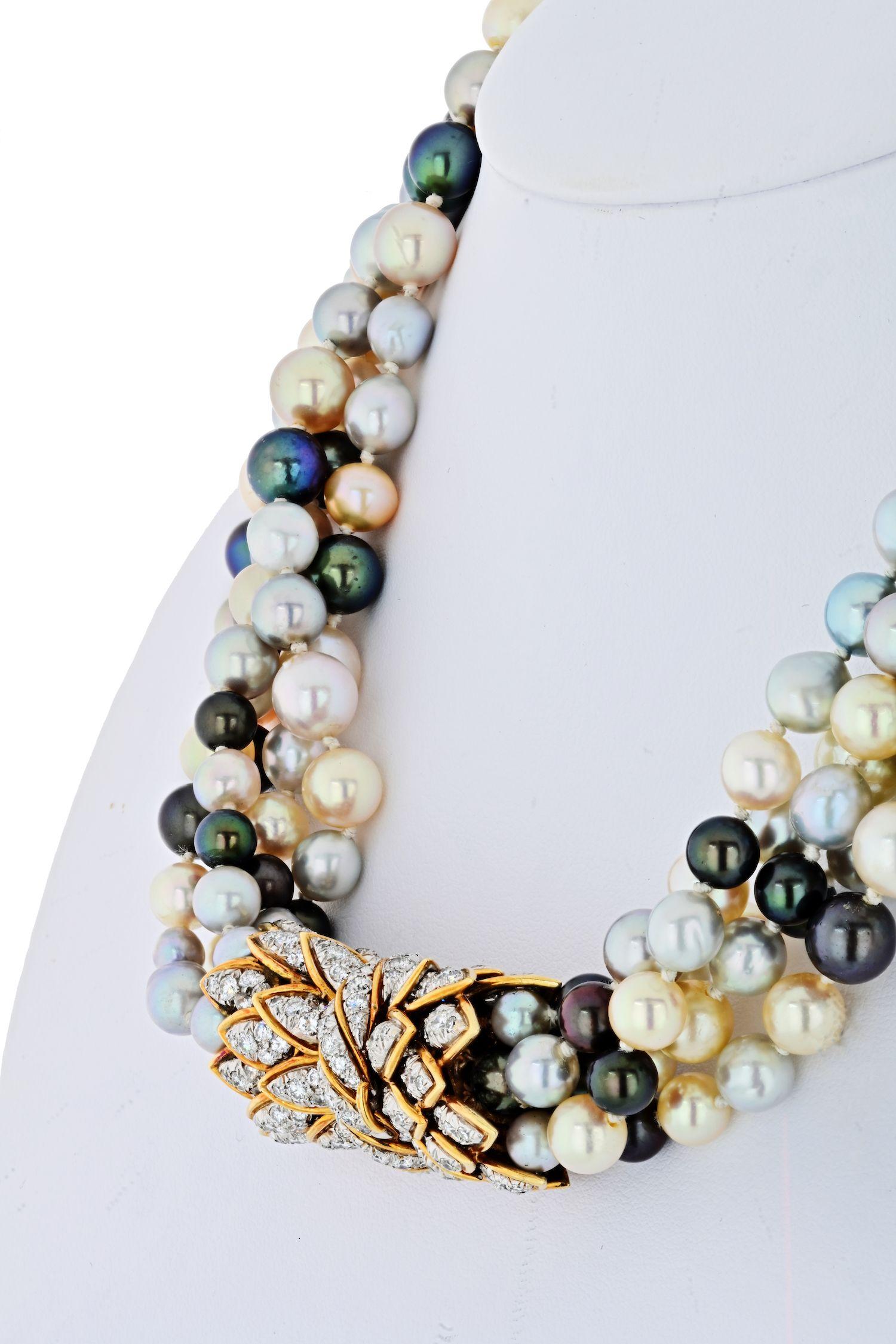 Modern David Webb Platinum & 18KY Gold Multicolored Pearl Strands Torsade Necklace For Sale
