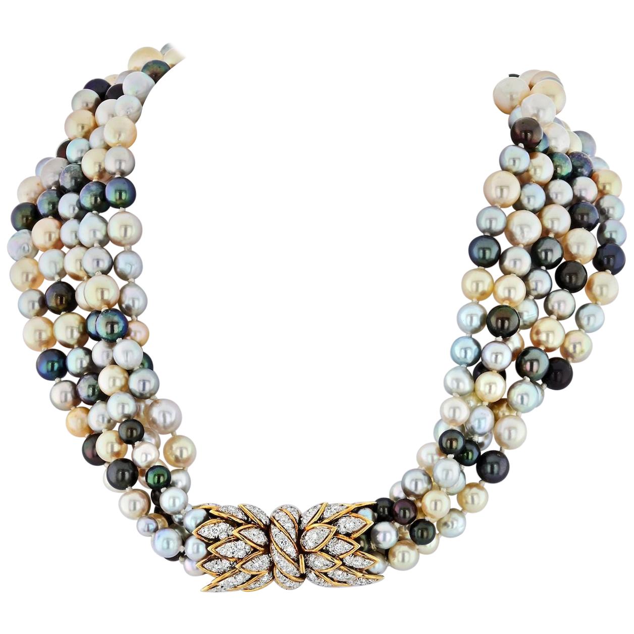 David Webb Platinum & 18KY Gold Multicolored Pearl Strands Torsade Necklace