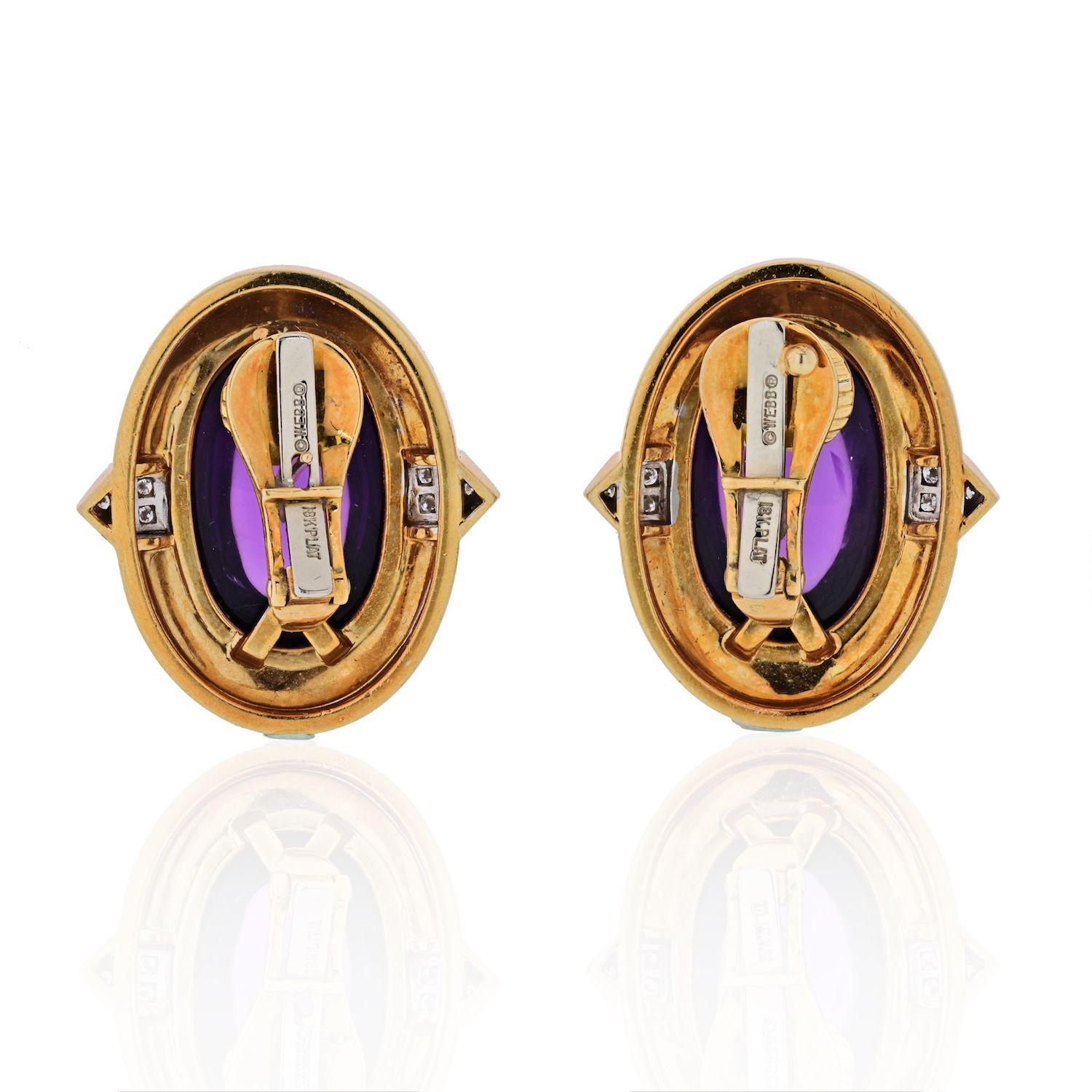 Oval Cut David Webb Platinum and 18 Karat Yellow Gold Amethyst and Diamonds Earrings For Sale