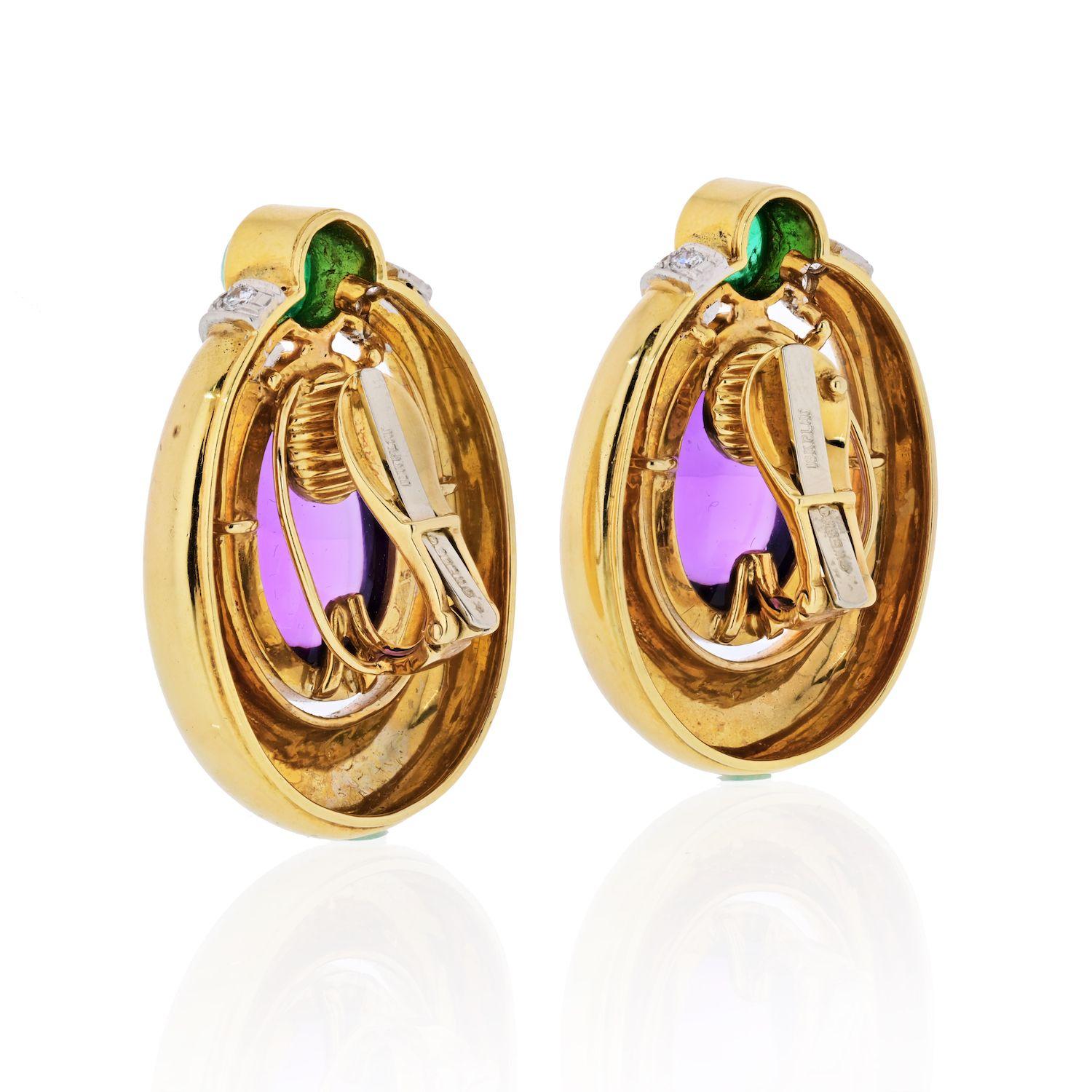 Impressive vintage gold clip earrings by David Webb mounted with cabochon amethysts, emeralds, and pave round cut diamonds. High polished yellow gold door knocker attached to the frame. 
Length: 39mm
Width: 30mm
Clip-on style.

