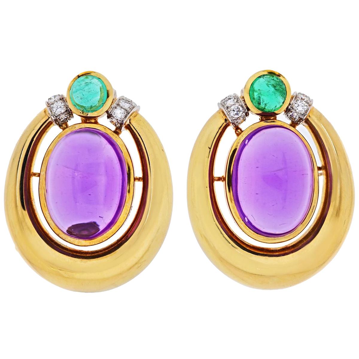 David Webb Platinum and 18k Yellow Gold Amethyst, Diamond and Emerald Earrings For Sale