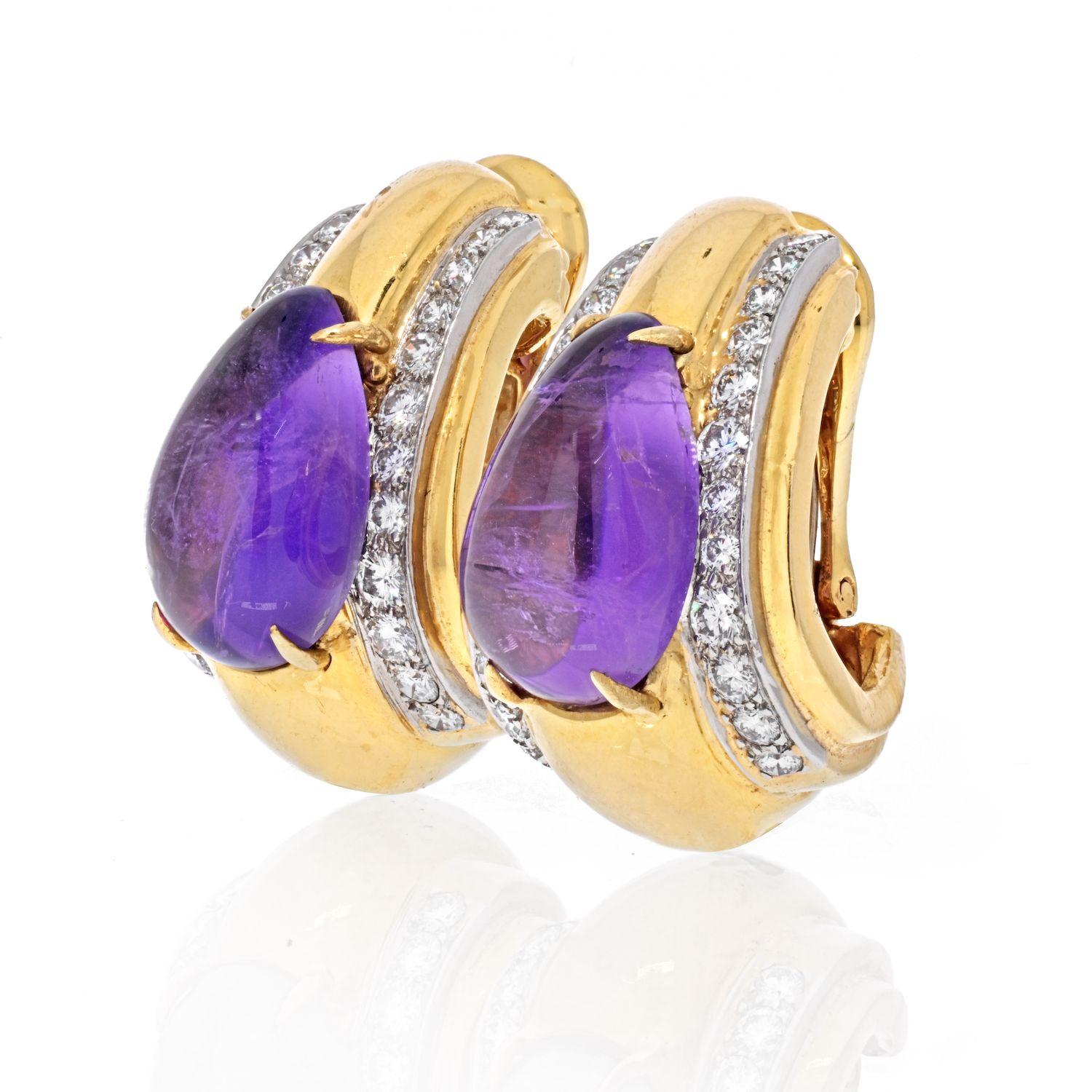Bold yet classy earrings created by David Webb in the 1970's. Feature Amethyst teardrop cabochon set in yellow gold with diamond accents on the sides. The diamonds are set in platinum which supports the whiteness of the diamonds. Beautiful color