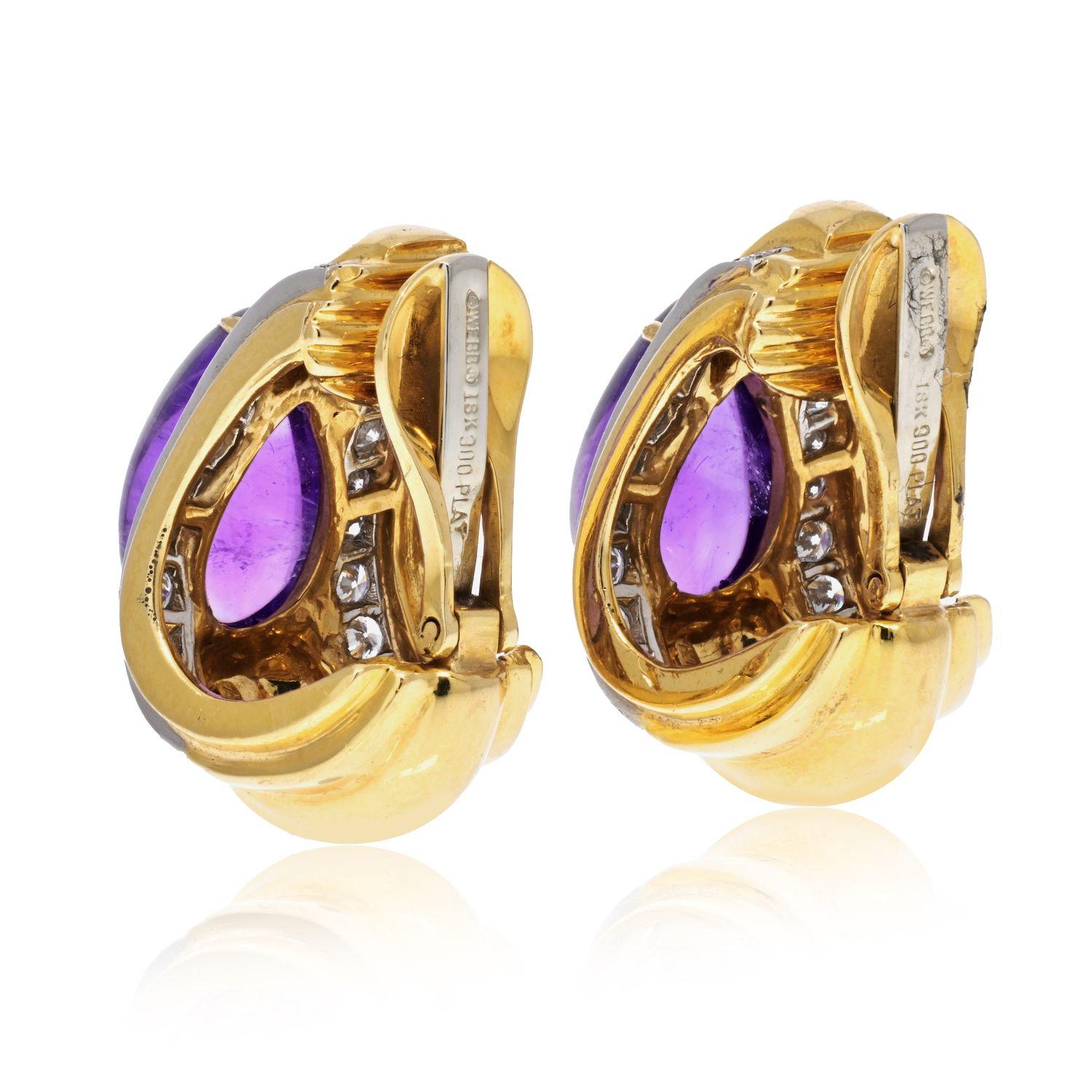 Modern David Webb Platinum & 18K Yellow Gold Amethyst Teardrop Clip Earrings For Sale