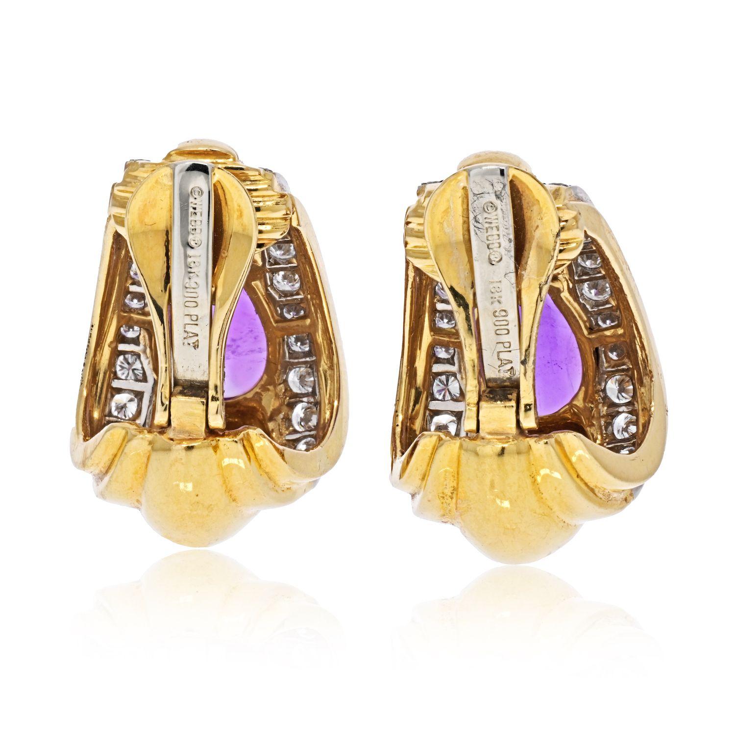 Taille cabochon David Webb - Boucles d'oreilles clips en platine et or jaune 18 carats avec améthyste en forme de goutte en vente