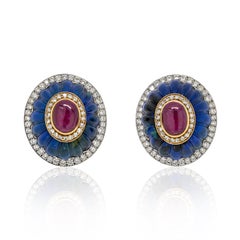 David Webb - Boucles d'oreilles clips en platine et or jaune 18 carats - Azurmalachite, diamant et rubis