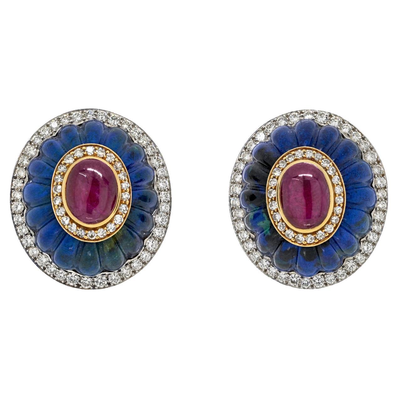 David Webb Platinum & 18K Yellow Gold Azurmalachite, Diamond, Ruby Clip Earrings For Sale